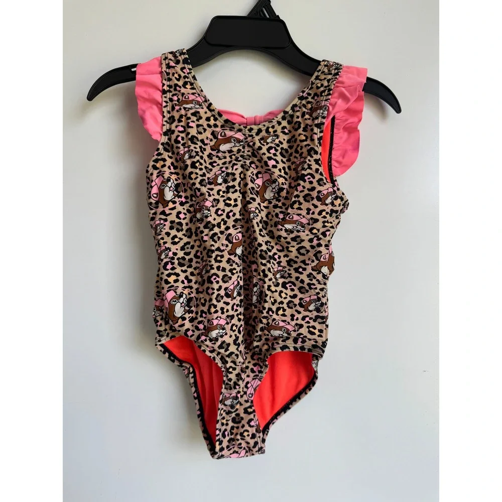 Buc-ees Girls 5T One Piece Swimsuit Leopard Print Pink Ruffle Bow‎ Swimwear